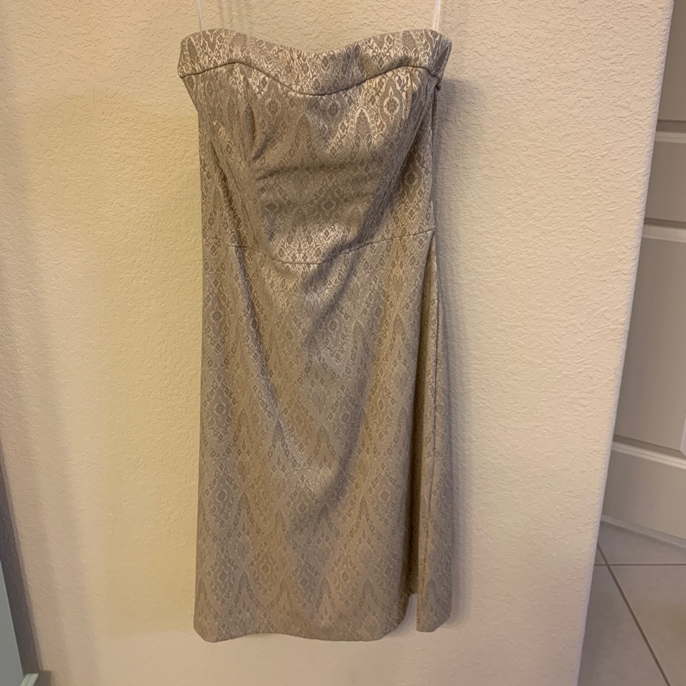 Champagne colored jacquard strapless dress